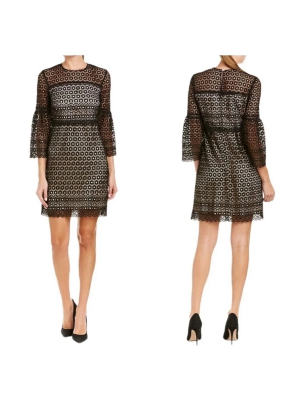 J Crew Bell Sleeve Daisy Dress Black Overlay Nude Lining Size 12